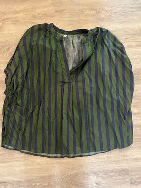 glam Olive Green and Navy Striped V-Neck Blouse